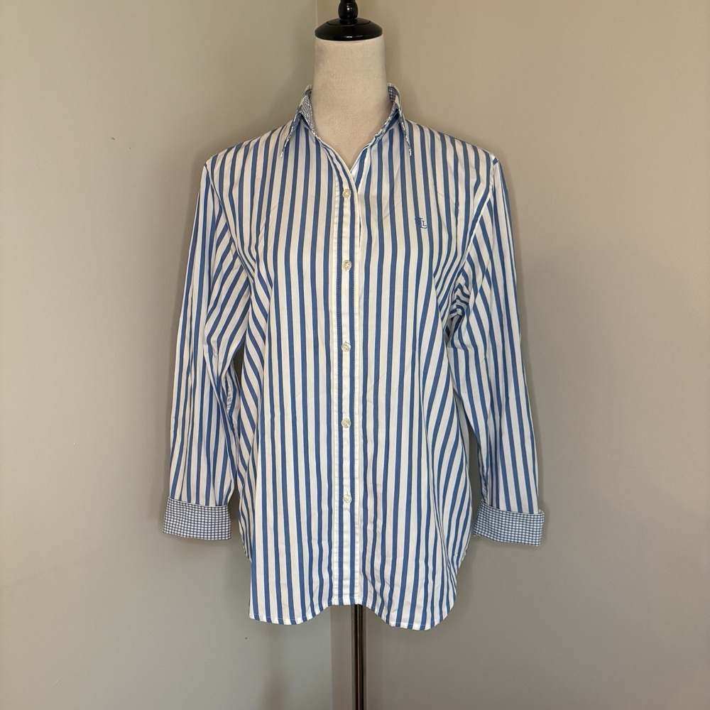 VTG 90s Lauren Ralph Lauren Striped Shirt Women's Medium Gingham Contrast Cuffs